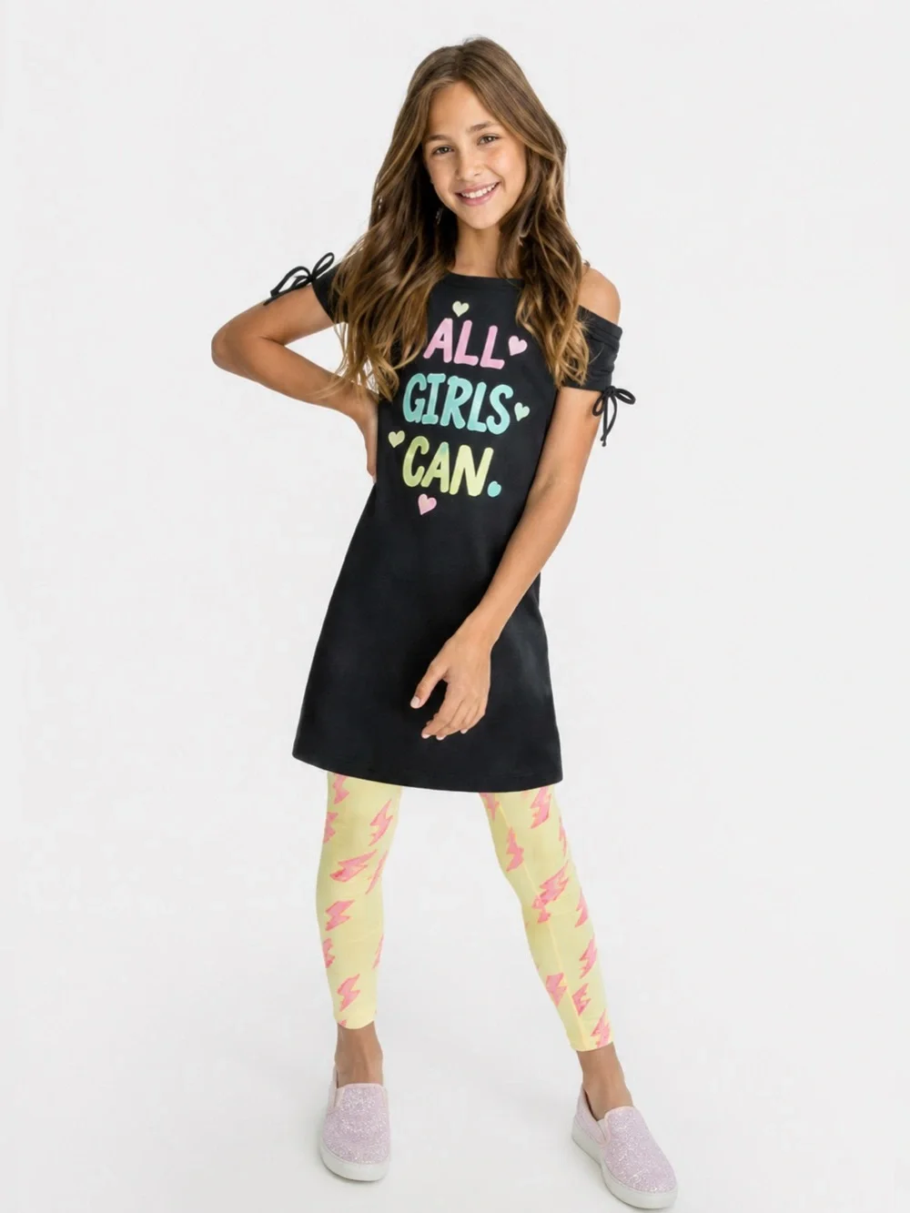 Girls clothing set mini dress leggings 2 piece outfit black yellow